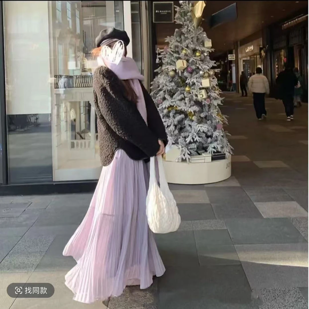 【现货➕有运险】2025新款仙女裙雪纺紫色半身裙百搭大摆压褶裙