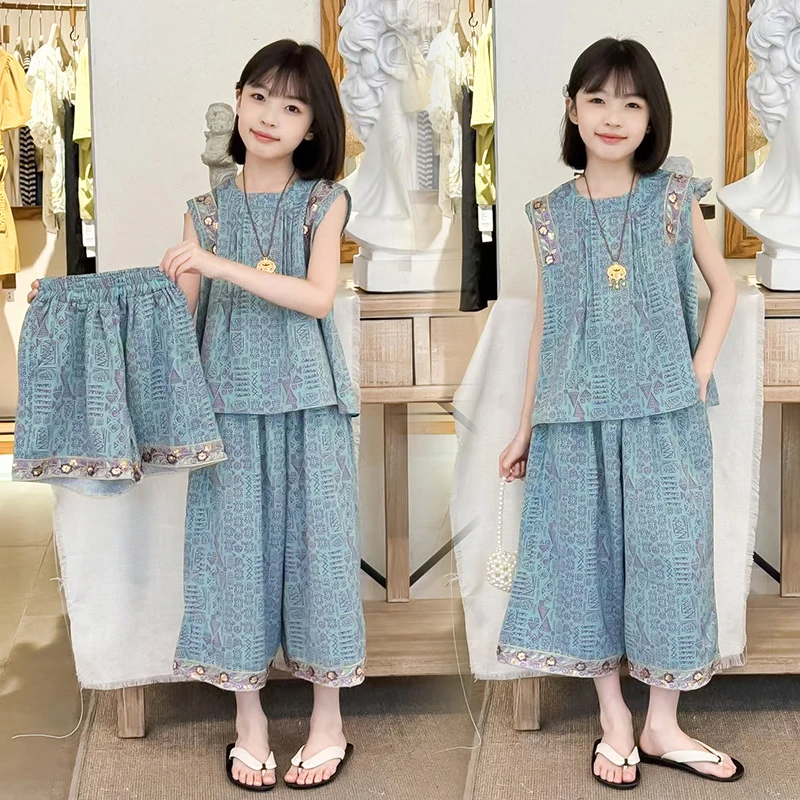 女童夏季套装2025新款儿童洋气中大童无袖上衣薄款短裤夏装三件套