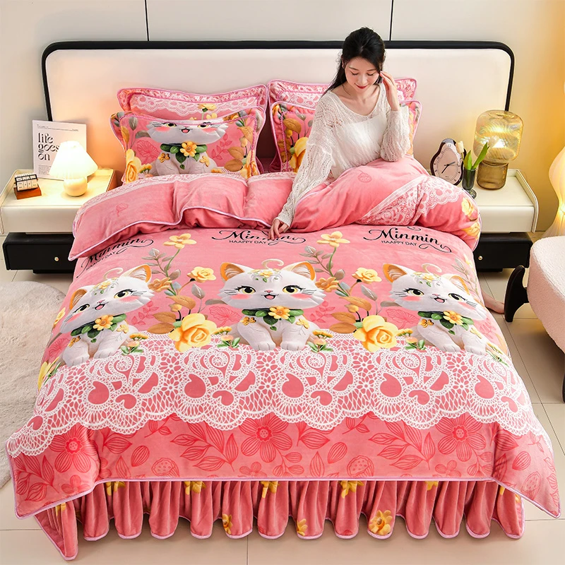 2025正品牛奶绒印花四件套加绒毛绒加厚床上用品被套床单枕套