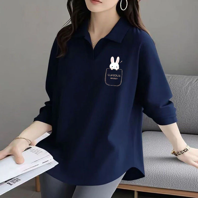 长袖POLO衫女士秋季新款100%纯棉宽松不规则下摆简约减龄时尚T恤