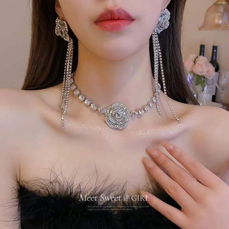 合金项链 欧美满钻花朵耳环项链时尚夸张设计感礼服配