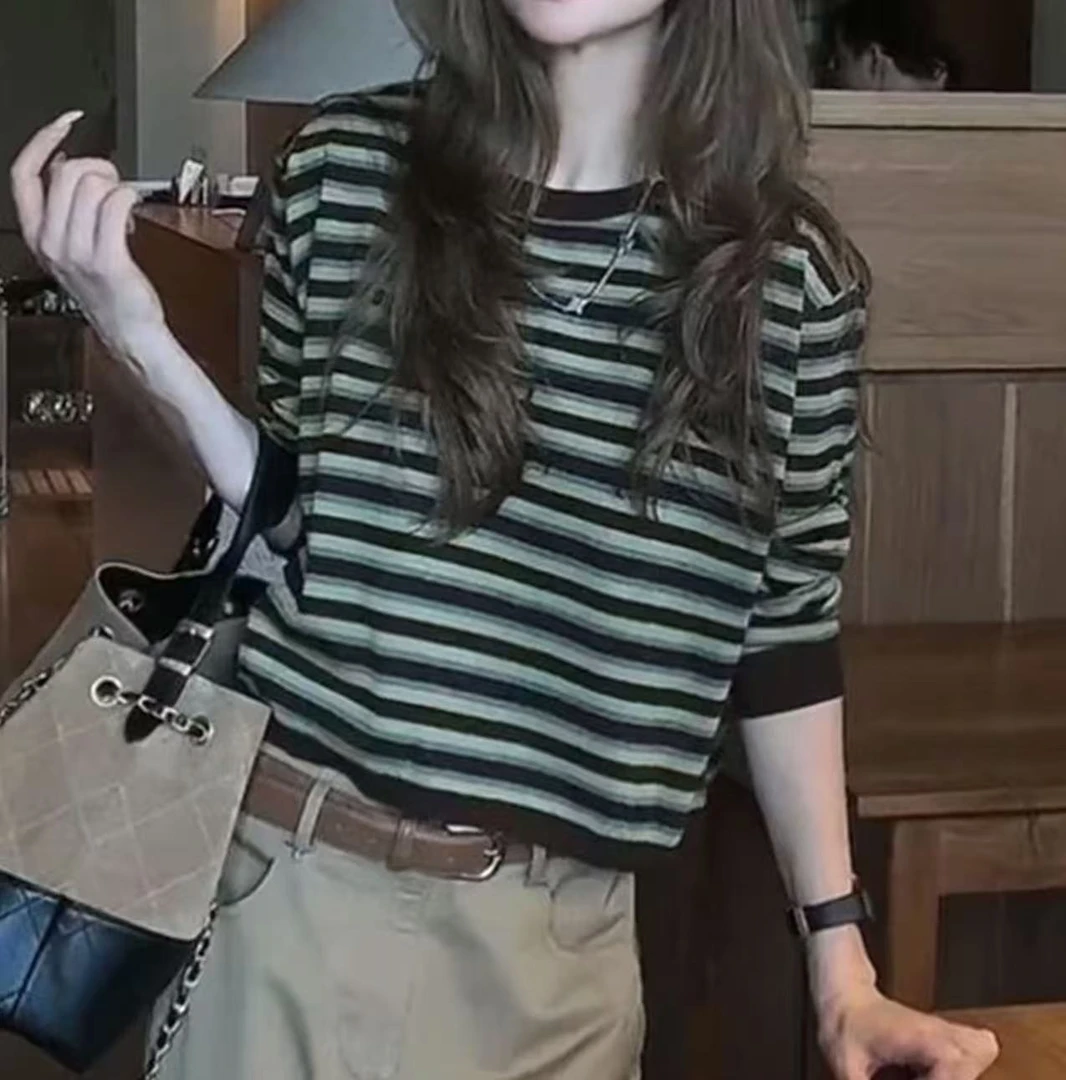 绿色条纹T恤女秋季2025新款韩版ins复古撞色圆领正肩长袖上衣