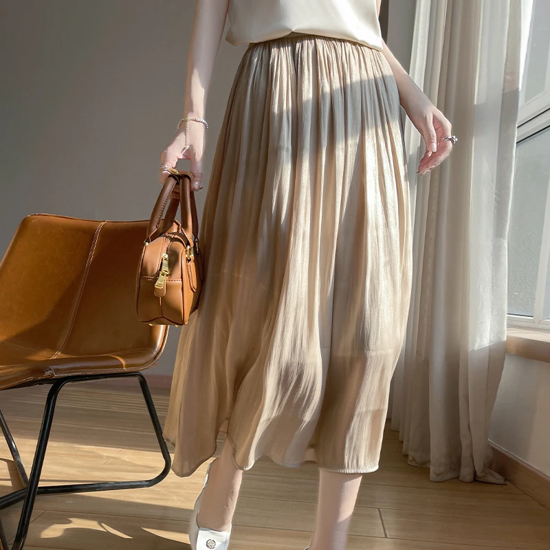 流光垂感半身裙珠光新款气质纱裙高腰中长款百褶裙显瘦裙子褶皱