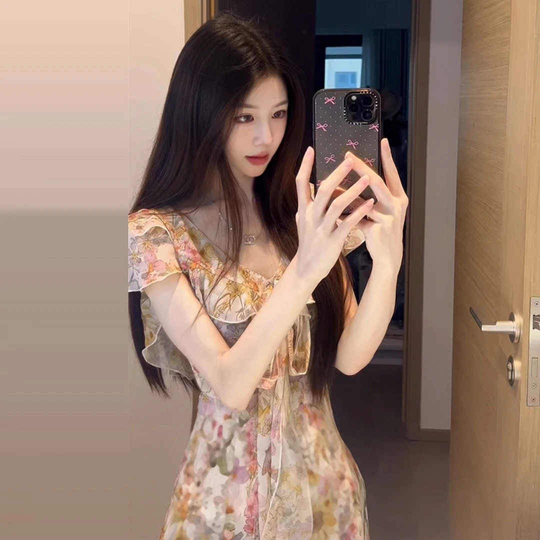 法式荷叶边雪纺碎花连衣裙子女夏季2025新款海边度假收腰长裙3764