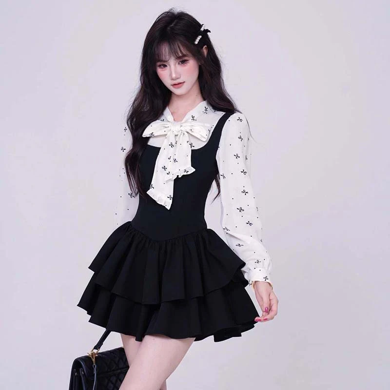 假两件法式千金风蝴蝶结连衣裙显瘦蓬蓬小黑裙LJ0011