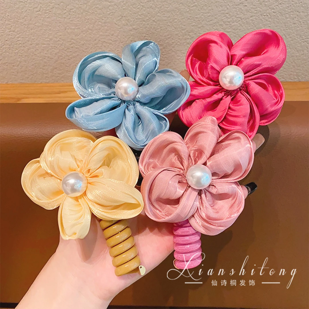 儿童高级感电话线发圈小女孩大花朵缠绕低马尾神器发绳女童头饰