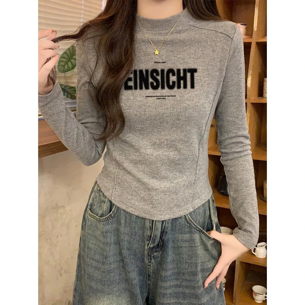 德绒保暖磨毛长袖T恤女2025秋冬半高领设计感弧形下摆短款打底衫