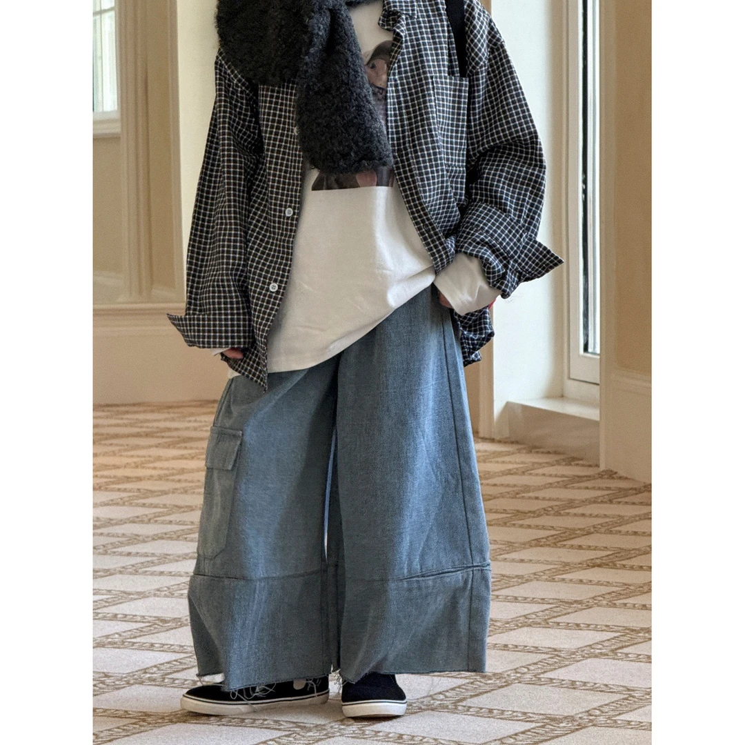 2025年春秋韩版柔软纯色蓝色中腰皮筋腰带长款儿童牛仔裤中大童适
