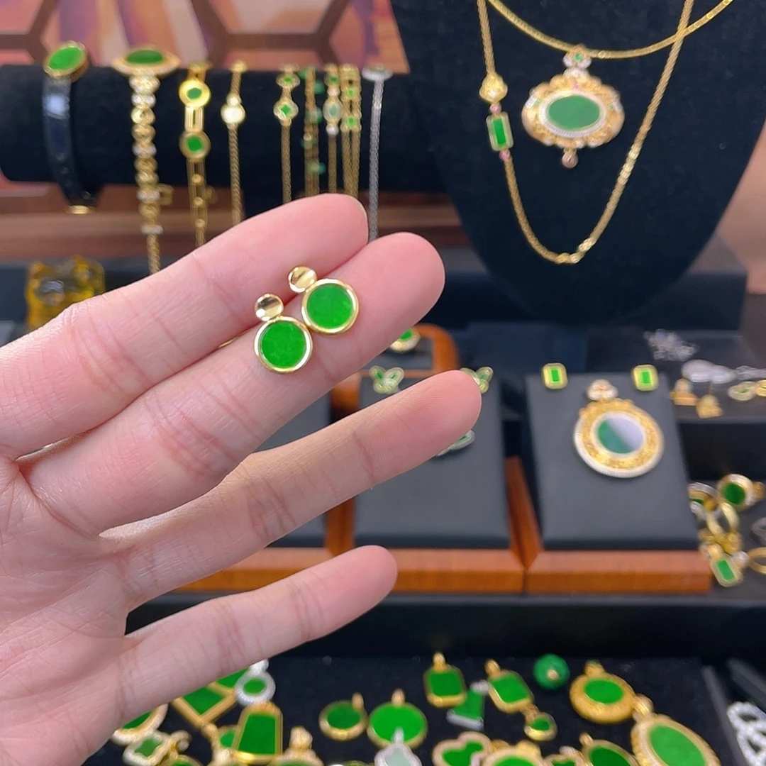 翡翠银S925镀金镶嵌耳饰