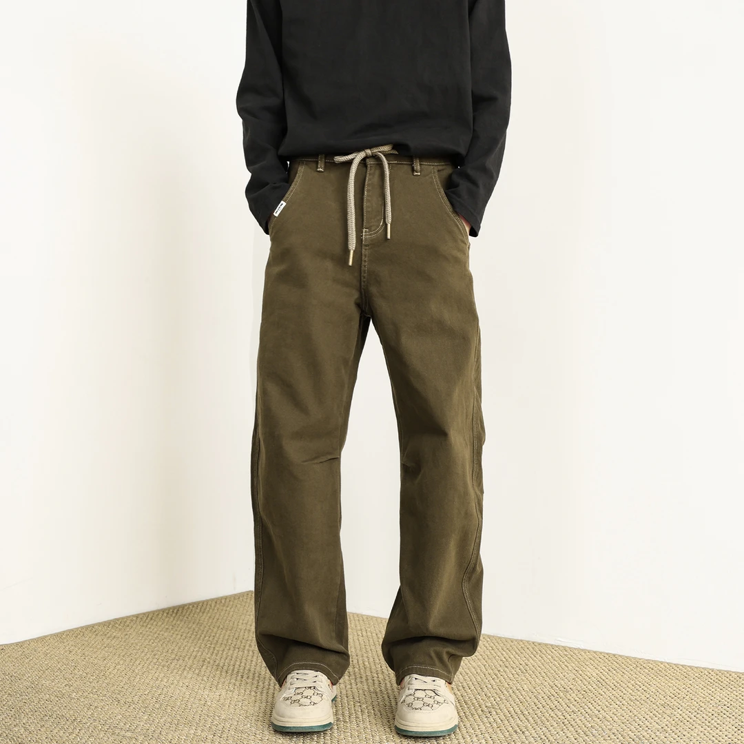 2025秋冬新款军绿色宽松直筒男士弯刀牛仔裤纯色简约百搭弹力长裤