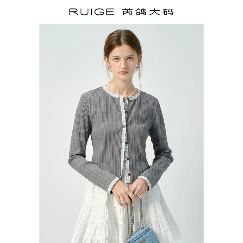 芮鸽微胖定制格雷系圆领收腰长袖T恤内搭女显瘦蕾丝胖mm开衫00256