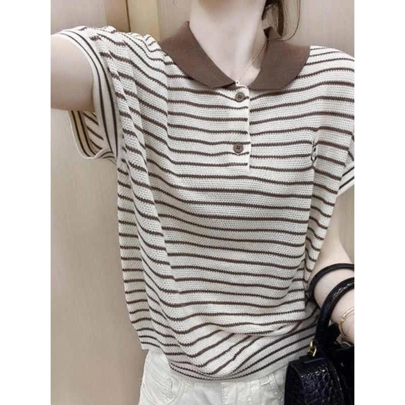 300斤大码夏季韩系撞色条纹针织衬衫男显瘦百搭薄款冰丝翻领上衣2