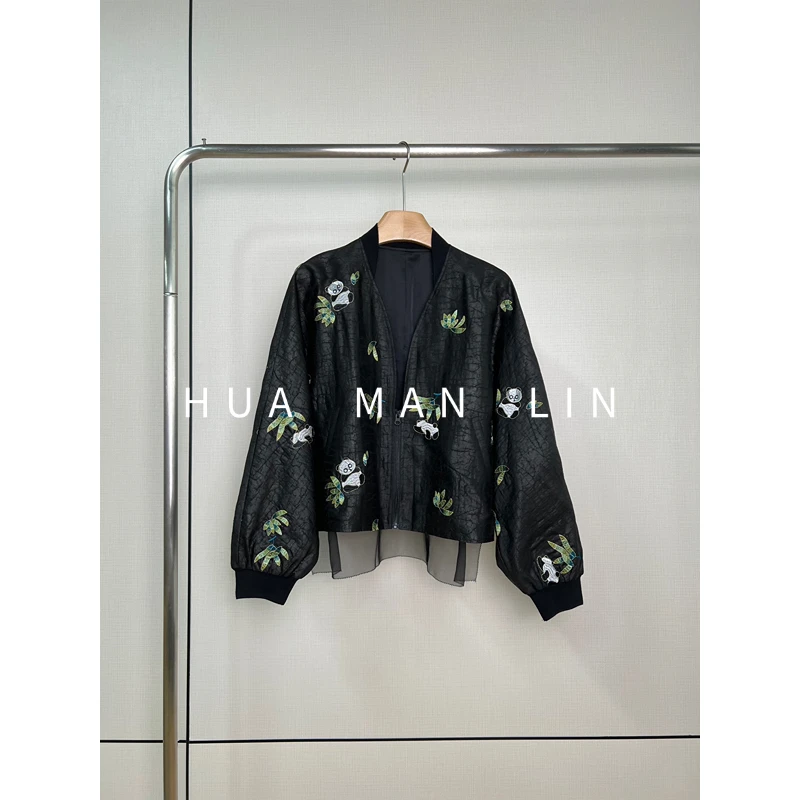 【花满林】‘熊猫团子’V领拼接刺绣龟裂纹香云纱桑蚕丝外套255819