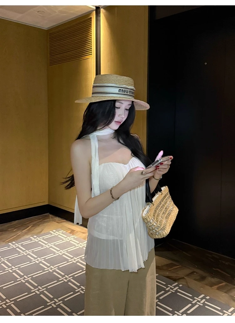 不冷BULENG 古早白月光 飘带褶皱薄款抹胸女夏挂脖无袖上衣