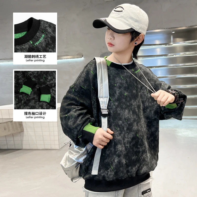 韩版卫衣假破洞扎染时尚大毛圈春秋新款卫衣拼接长袖卫衣百搭潮酷