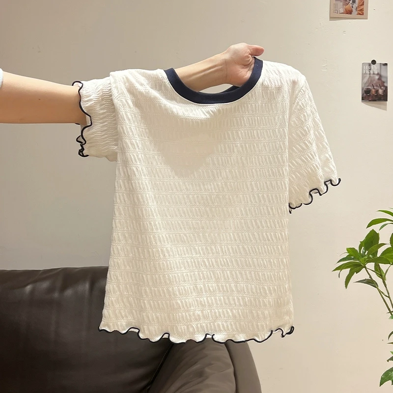韩系白色圆领正肩气质短袖t恤2025年夏季设计感木耳边显瘦上衣女