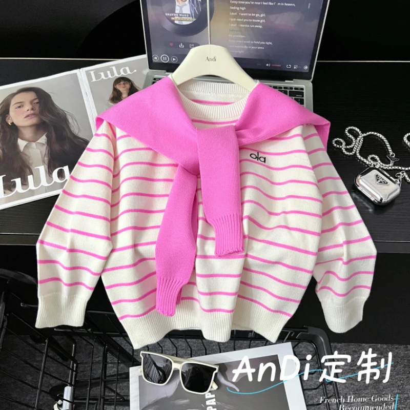 〖ANDI〗安迪订制秋季新款女童中大童韩版披肩条纹毛衣4827