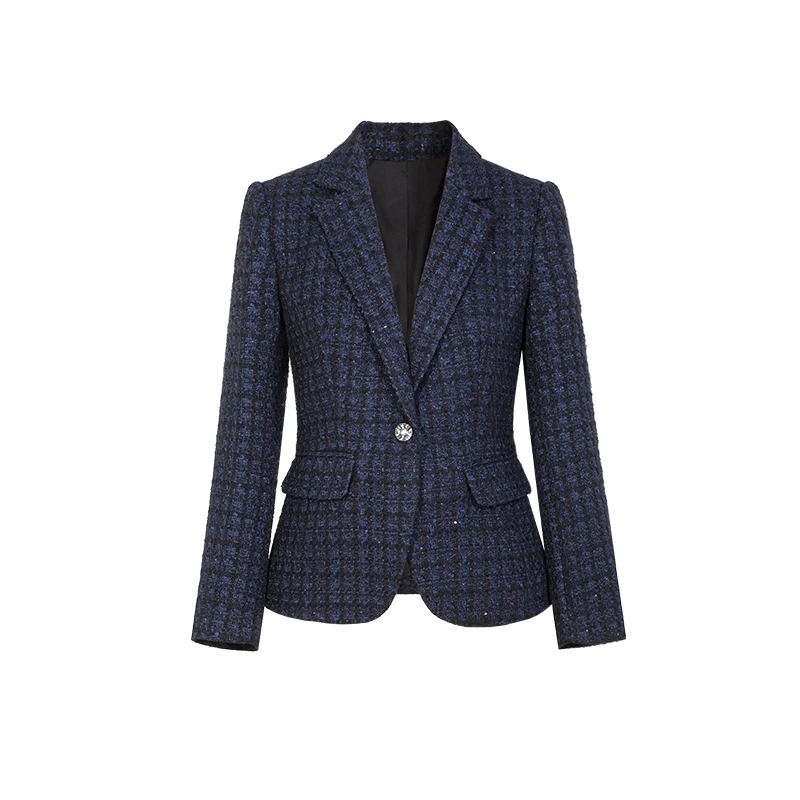 26005-1 秋冬季西装领百搭名媛藏青小香风修身显瘦长袖外套毛呢