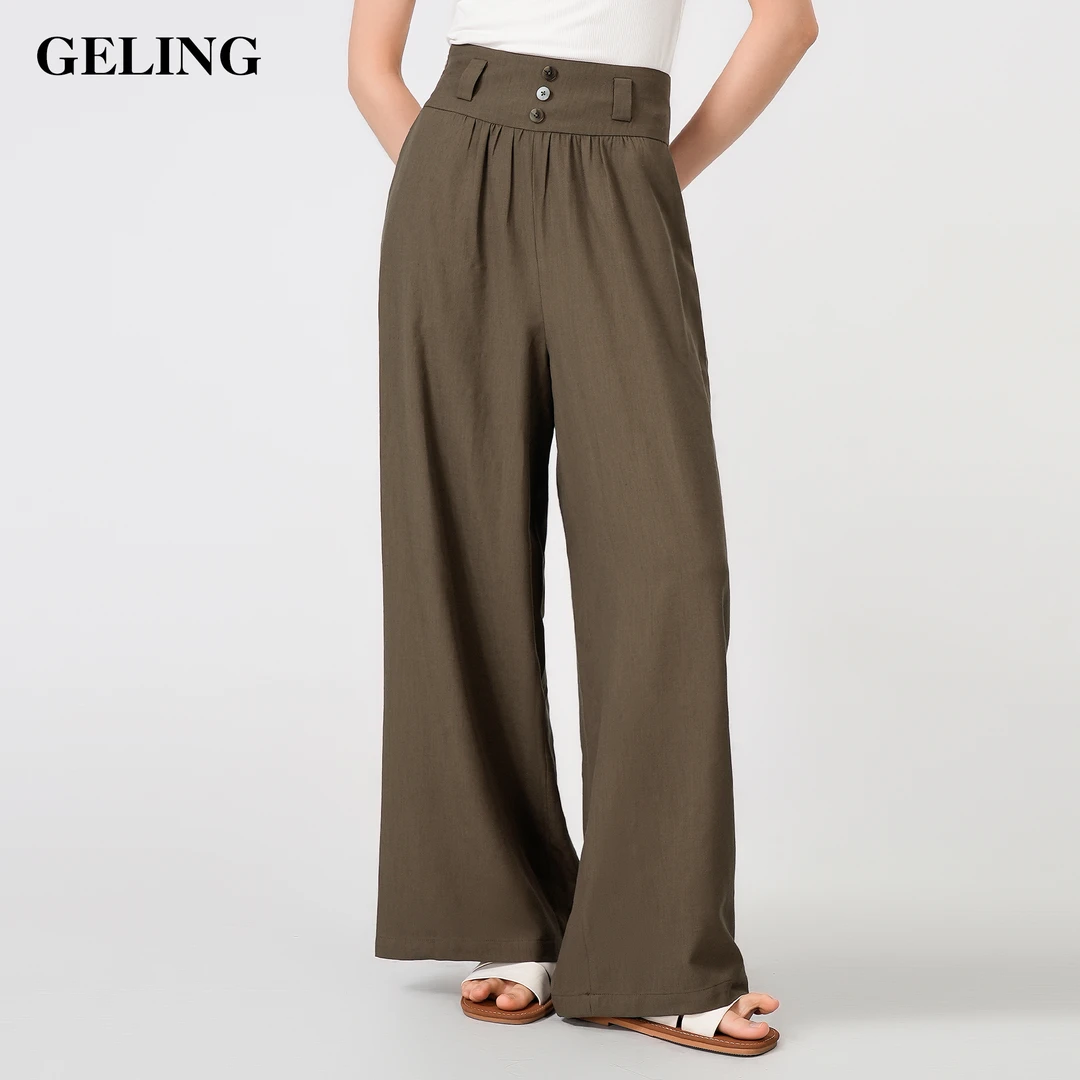 GELING/歌&玲2025新款夏季抽褶松紧宽腰头直筒裤G512X117K