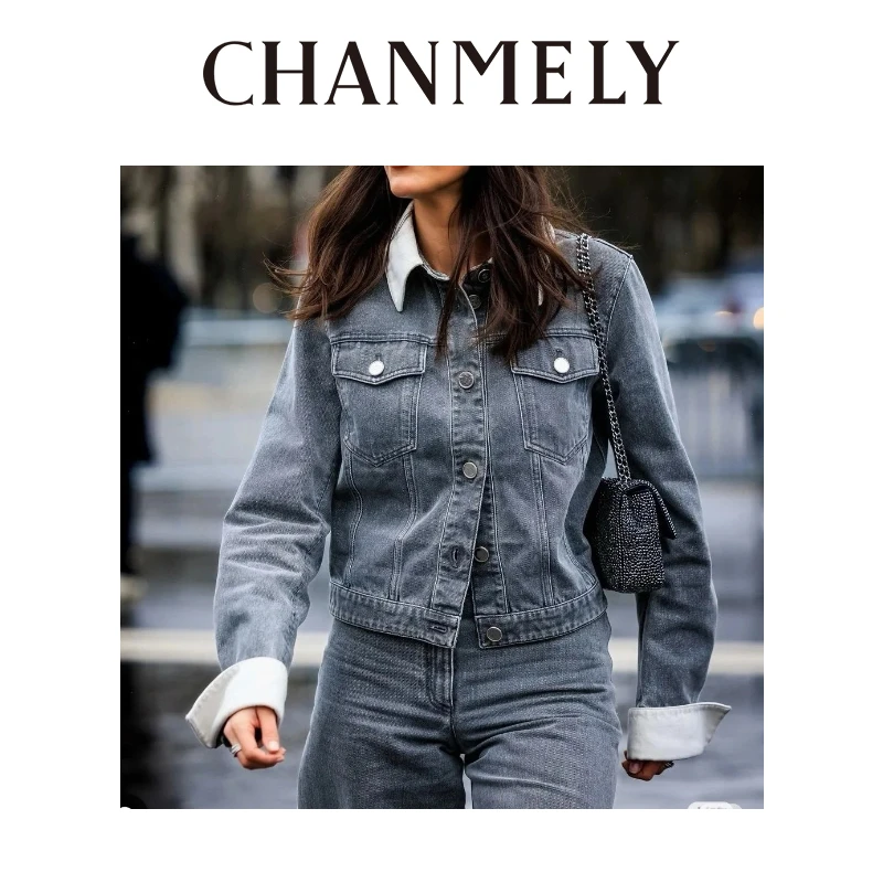 【CHANMITY】复古甜心时髦减龄撞色领轻薄牛仔短外套025359