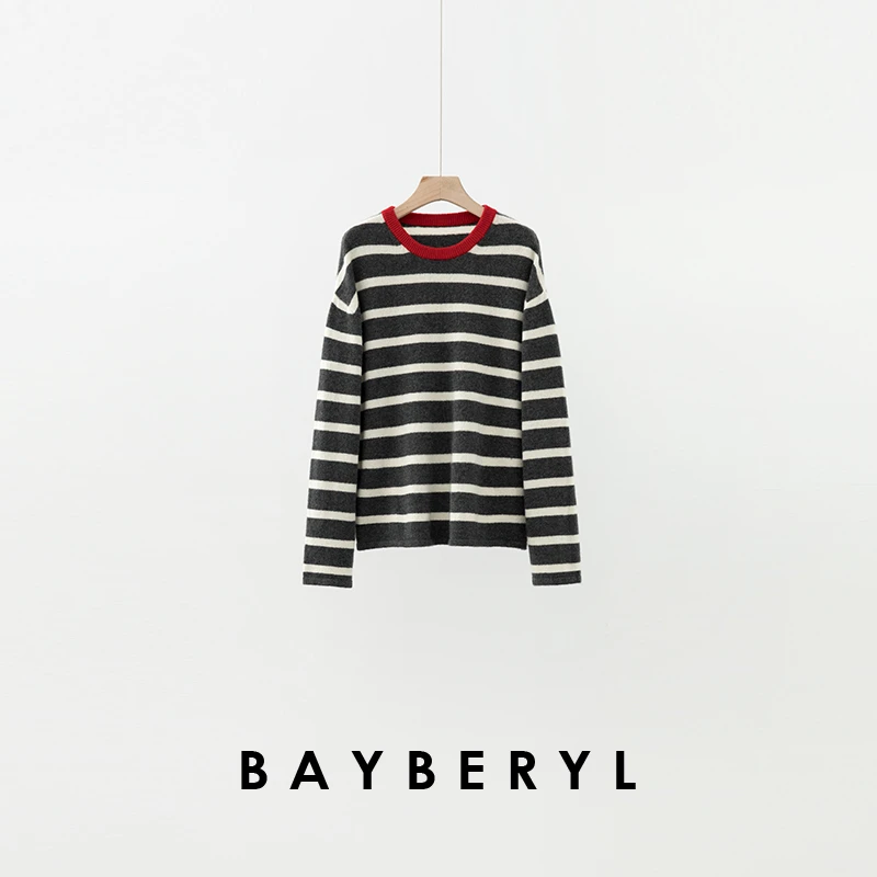 CC09-BAYBERYL老贝红领条纹缪风拼色羊绒25秋圆领针织衫ZZS5H1305