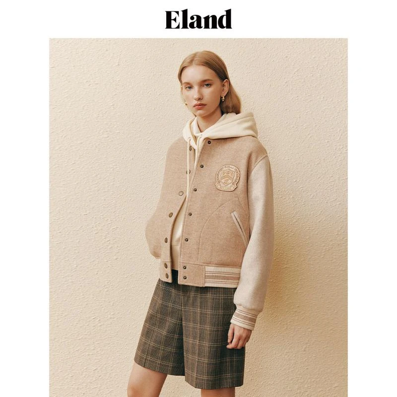 【女装优选WL】Eland衣恋毛呢外套女复古人字纹挺阔球服EEJWD4TY12