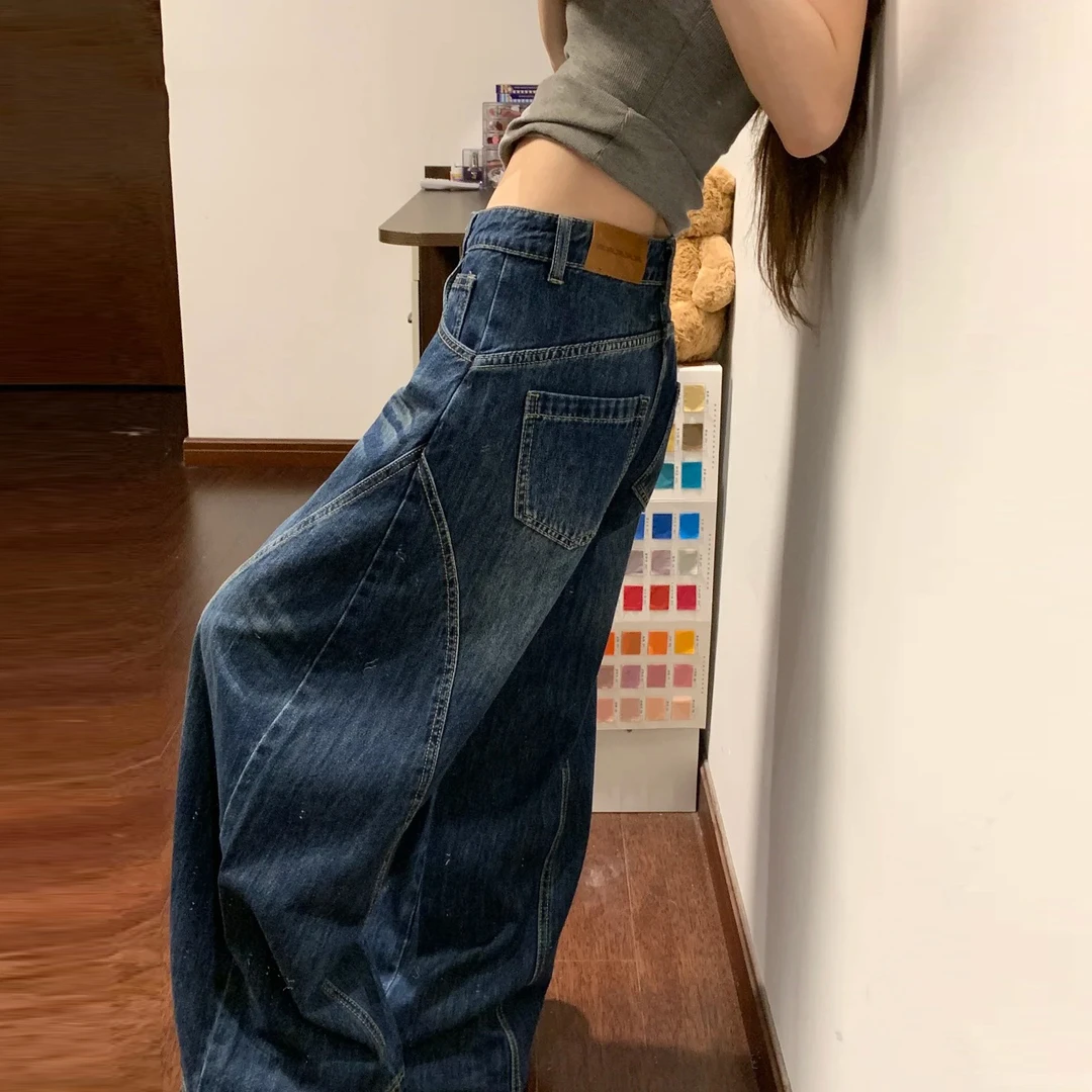 雪千羽复古阔腿牛仔裤女2025秋季新款高腰宽松垂感弯刀直筒拖地裤