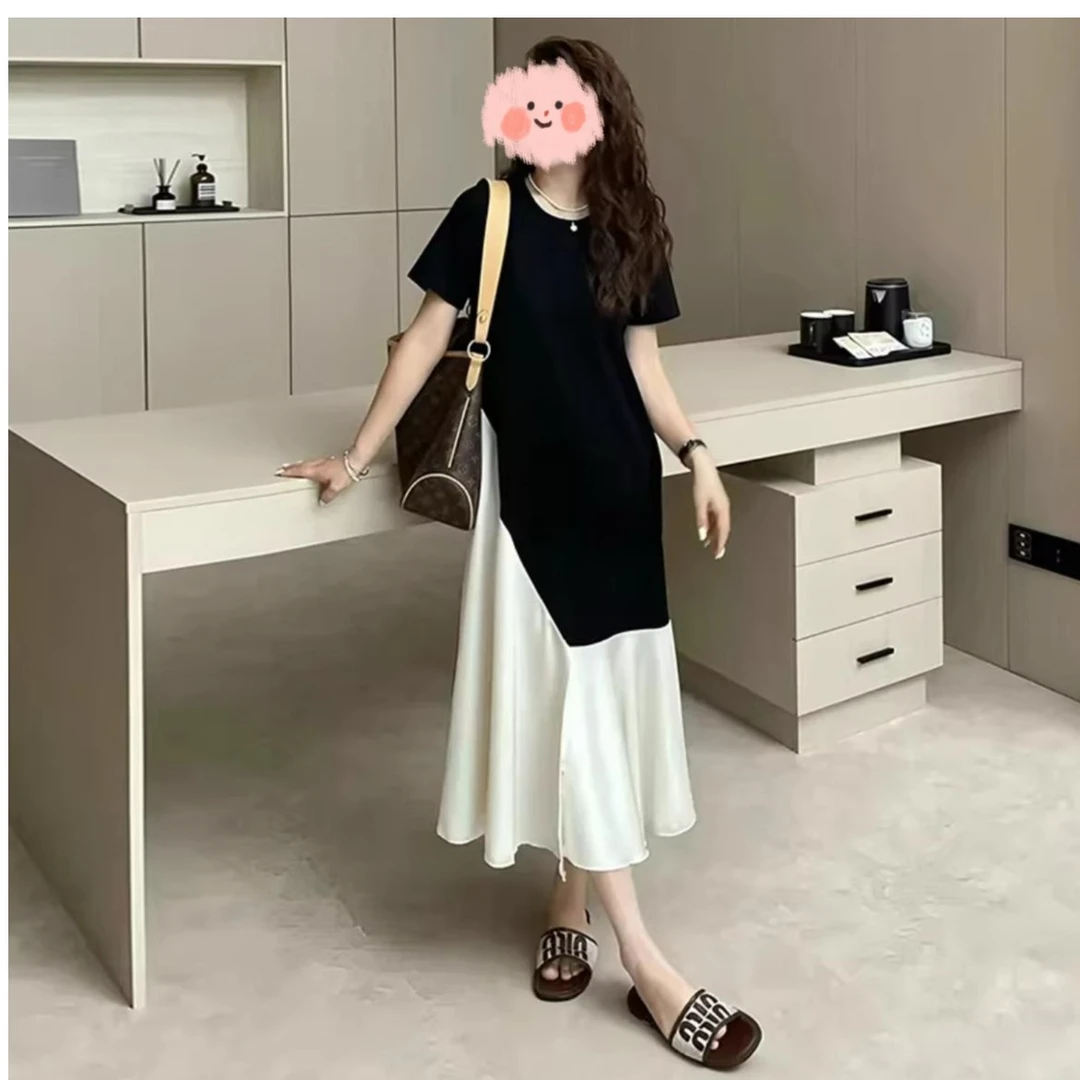 大码装胖mm法式圆领不规则拼接短袖连衣裙女2025夏季显瘦气质长裙