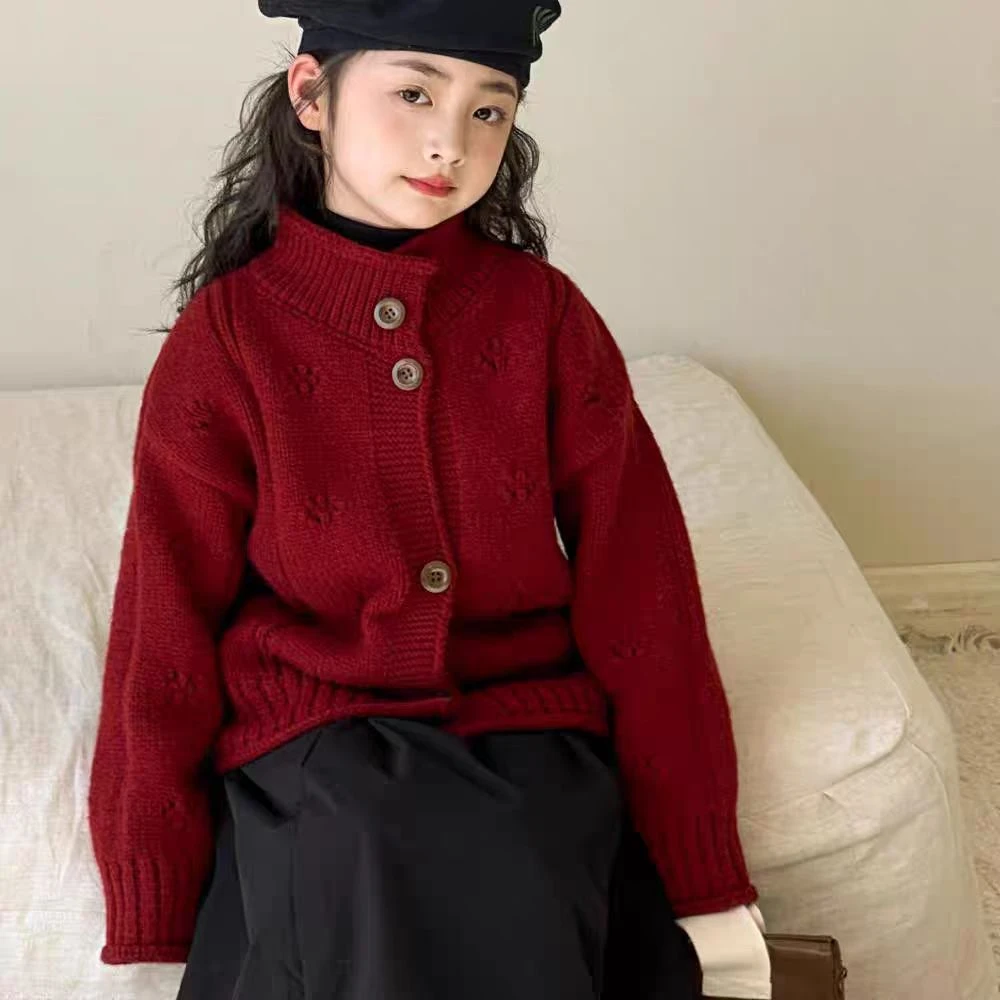女童外套秋冬款2025新款儿童红色毛衣新年衣服洋气针织开衫拜年服
