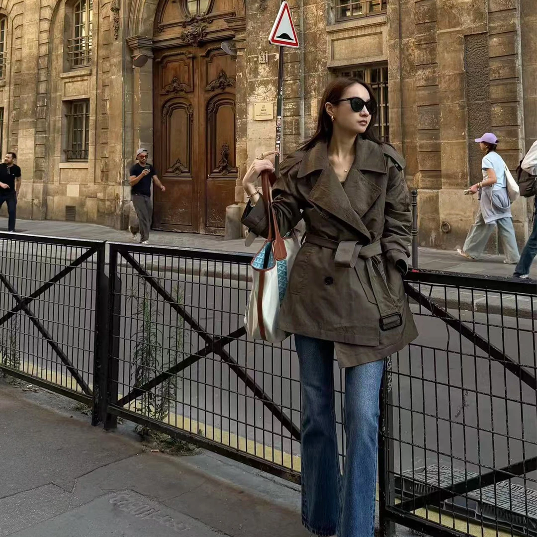 KEEP KAPU靠谱【马提尼】轻奢橄榄绿系带翻领中长款风衣KP253109