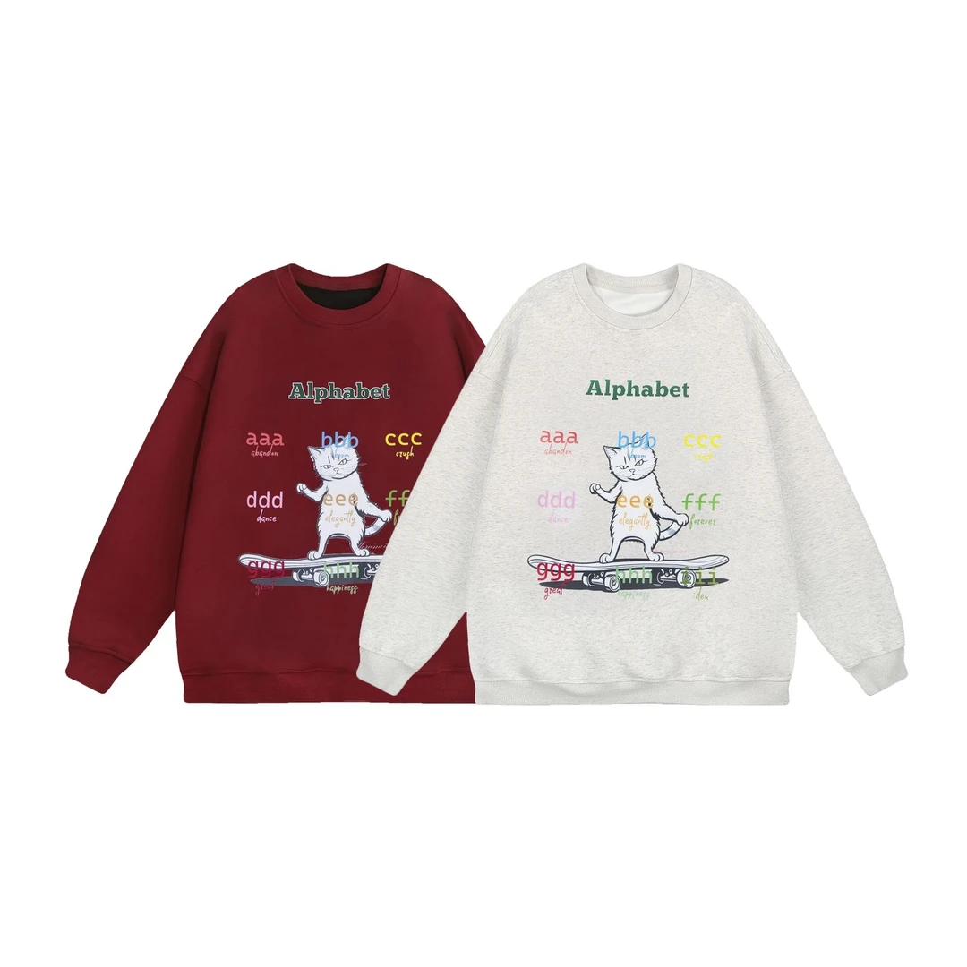 「灿若星河」字母风格滑板小猫咪秋季新款薄款ins风圆领卫衣