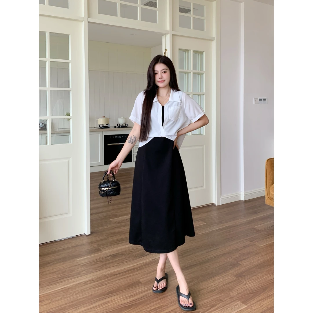 2025夏装新款胖mm大码扭结短袖衬衫内搭吊带裙两件套80088+63366