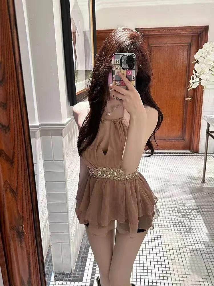 梦梦 MENGMENG｛夏季纯欲性感挂脖无袖雪纺背心吊带上衣}