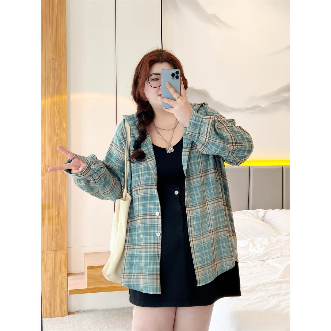 【晓晓家】杜赛画廊 / 格纹复古法式连帽衬衫18126花契胖mm200斤