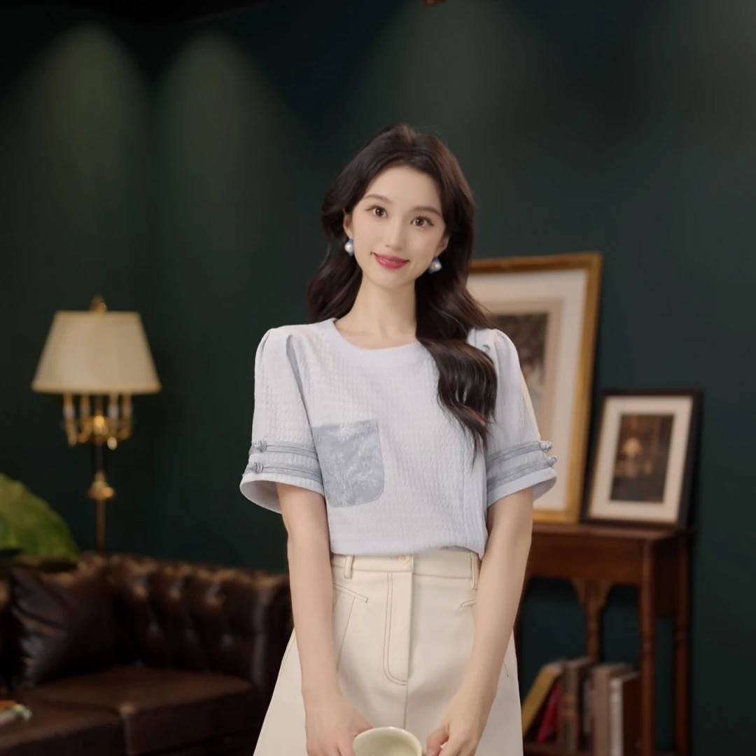 琦琦【蓝尾蝶】甜美休闲百搭小众短袖女夏季上衣YF1102586