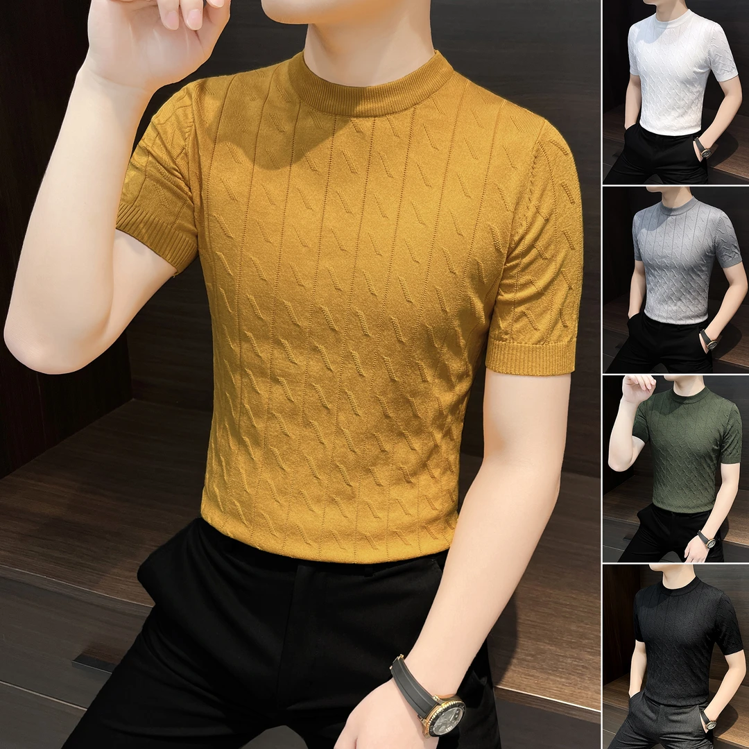 针织t恤短袖男款爆款2025新款高级感男装春秋条纹提花男士打底衫
