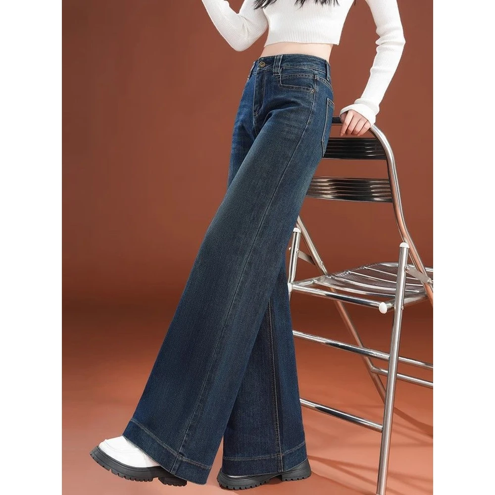 加绒秋冬新款拖地裤长裤高腰复古牛仔裤宽松阔腿裤梨形身材女