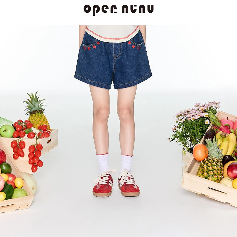 Opennunu女童爱心刺绣牛仔短裤夏季设计感百搭A字休闲热裤时尚