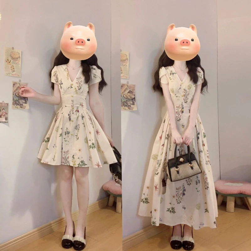 MO88ZSPF大码【泰兰德夏日】V领植物印花连衣裙小众设计感度假裙子