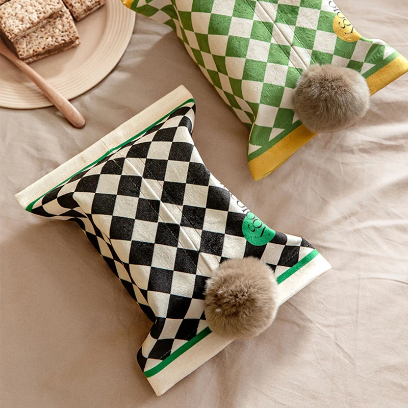 家用车载抽纸盒棋盘格子纸巾抽布艺纸巾盒装饰纸巾套罩办公室客厅