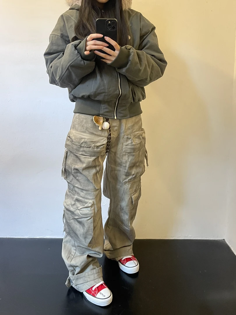 H22 美式做旧多口袋解构阔腿工装裤男女宽松直筒重磅痞帅百搭长裤