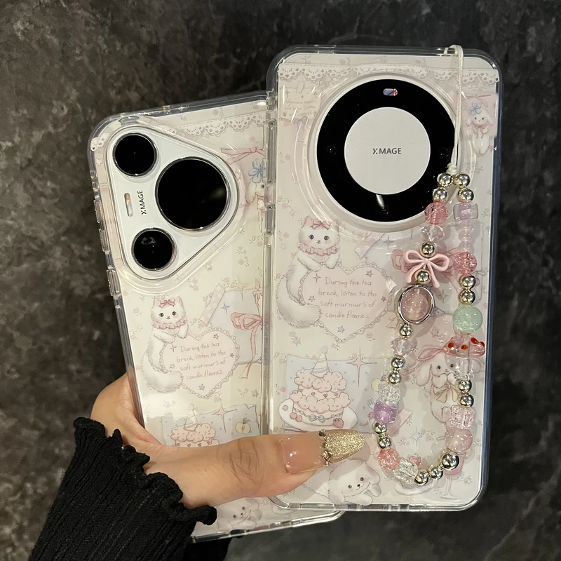 适用华为mate70pro+新款手机壳pura70双层少女ins蝴蝶结碎花猫咪