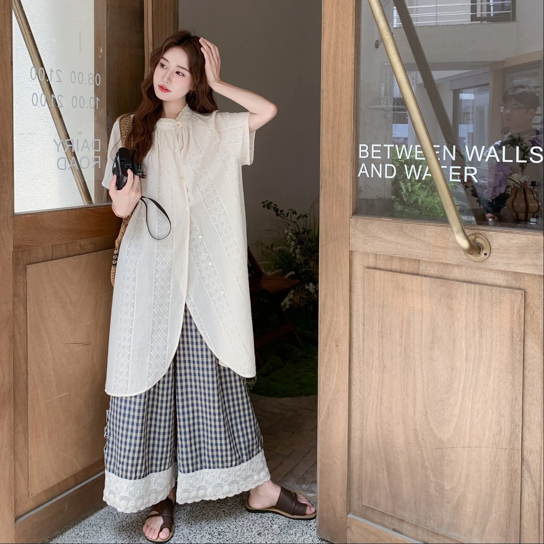 大方得体穿搭一整套2025夏新款米白蕾丝罩衫裙格子阔腿裤两件套装