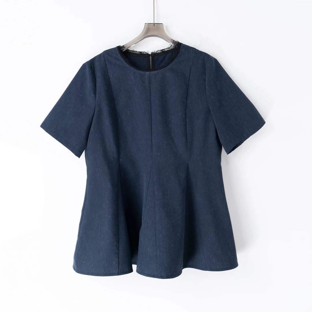 PS250410大码女装胖mm休闲上衣时尚圆领蕾丝拼接遮肚遮肉短袖