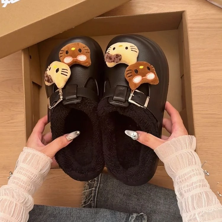 可爱勃肯棉拖鞋女奶油kt2025秋冬可爱包头拖保暖加绒厚底毛毛拖鞋