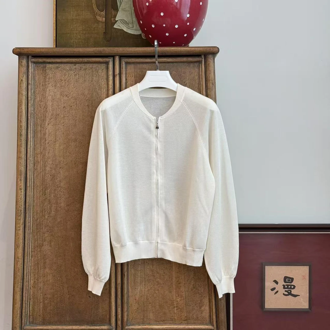 MYL2025春季新品天丝亚麻混纺白色针织开衫圆领长袖拉链上衣