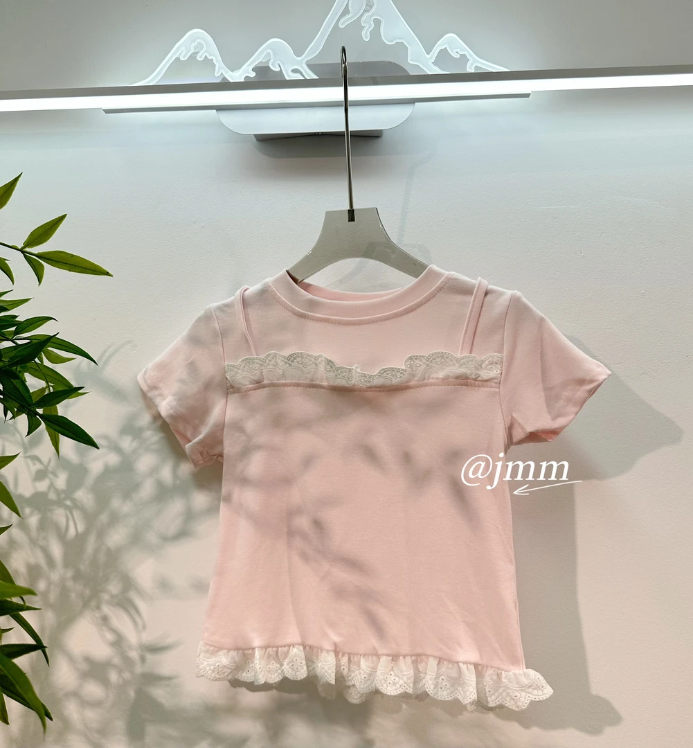 A328 舒适宝宝泡泡袖圆领夏季甜美女短袖T恤时尚蕾丝百搭