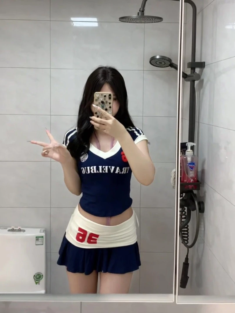 美式辣妹夏季字母印花拼色短袖T恤运动风撞色显瘦A字半身短裙套装