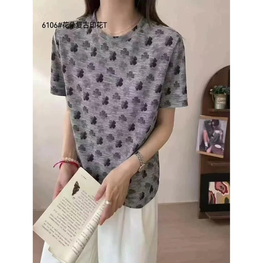 （玉姐家）女士薄款花朵短袖百搭时尚宽松上衣 新选f1146 J09258