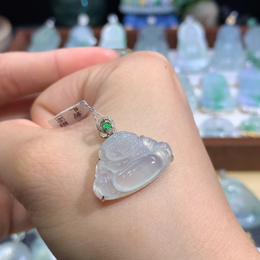 翡翠18K金镶嵌吊坠(不含链)天然缅甸A货翡翠揭阳工佛公